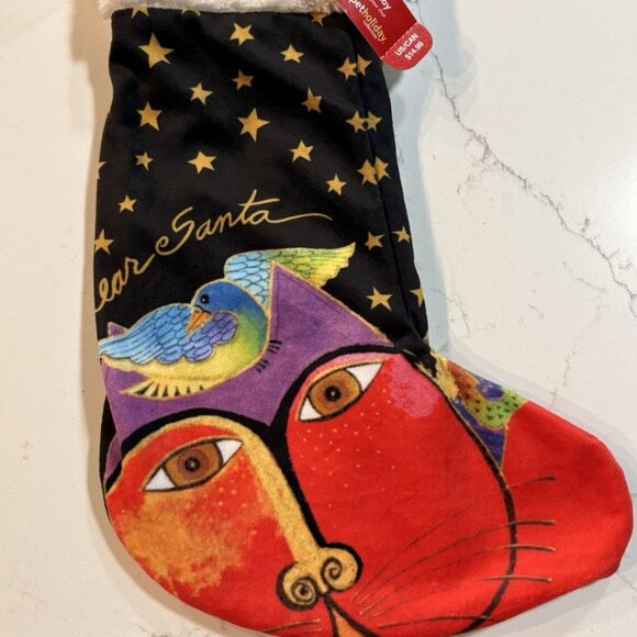 Laurel Burch Dear Santa Christmas Holiday Stocking Abstract Faces Of Cats NWT - Picture 2 of 6